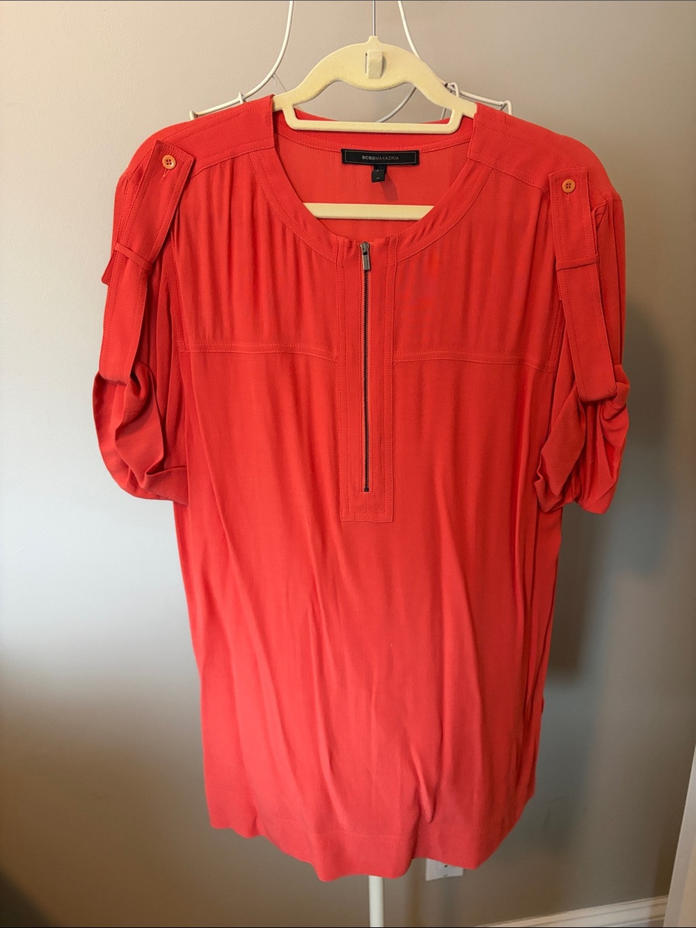BCBGMaxAzria Red Zip-Front Roll-Sleeve Tunic
